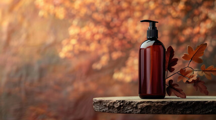 Brown Glass Bottle with Pump Dispenser on Autumn Background