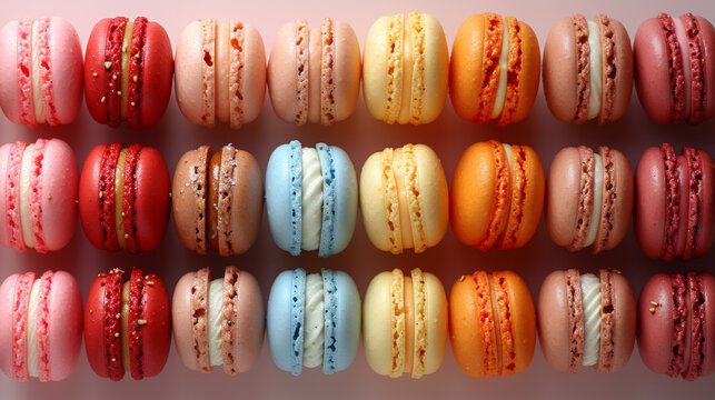 Colorful assortment of macarons in rows, close-up view. Dessert and confectionery concept