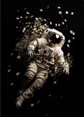 Fototapeta premium an astronaut in a box outline against a solid black background, falling flowers, abstract photography, old photography, 16k, hyper quality