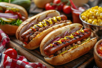 Hot dogs, corn, and burgers on 4th of July picnic in patriotic theme. Perfect for summer BBQs and outdoor celebrations.