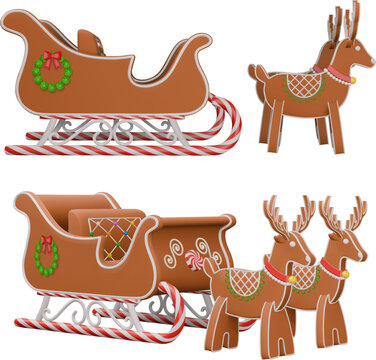 isolated gingerbread sleigh and reindeer. christmas santa claus sleigh and reindeers with cookies and candies