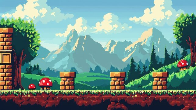 A close up of a pixel video game with a mountain in the background