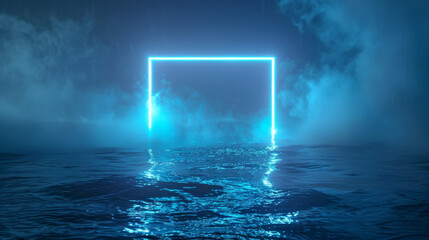 abstract minimalistic background with glowing blue neon square frame in the water, dark atmosphere, foggy