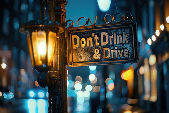 Don't Drink and Drive Sign with Street Lamp in Urban Night Scene