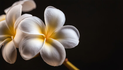 Obraz premium plumeria, flower, hawaiian, dainty, cute, white, yellow, black background, close-up, copy space, wallpaper