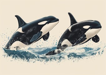 Obraz premium Magnificent illustration of two powerful orcas leaping gracefully from ocean waves showcasing marine wildlife beauty