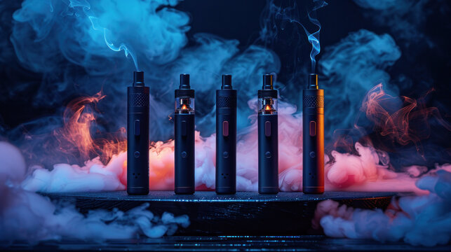 Multiple Vape Pens with Vibrant Smoke Effects in Blue and Red Lighting