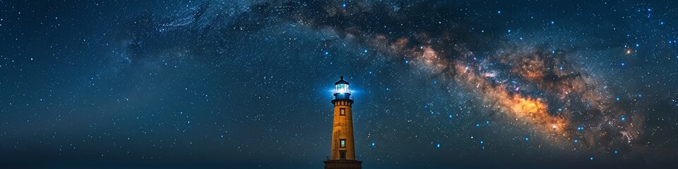 Naklejka premium A beautiful lighthouse at night with the milky way visible in the night sky. 