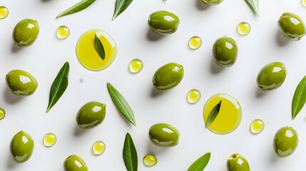 Olive oil. Greek olive oil in glass transparent bowl with branches with leaves and olives, with copy space. Close-up, Isolated on white background.