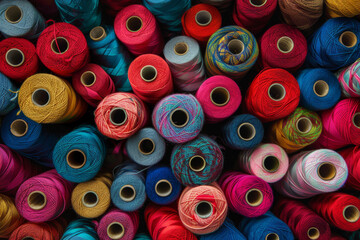 A tightly packed collection of spools of thread in various colors, filling the entire frame. The threads come in shades of red, blue, green, yellow, and pink, creating a vibrant and crafty background.