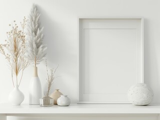 Empty Picture Frame on Minimalistic Shelf in Modern Room with Neutral Palette and Clean White Wall