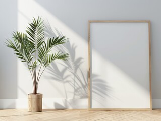 Empty Picture Frame Leaning Against Light Gray Wall in Minimalistic Room with Sleek Wooden Floor and Potted Plant