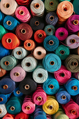 A tightly packed collection of spools of thread in various colors, filling the entire frame. The threads come in shades of red, blue, green, yellow, and pink, creating a vibrant and crafty background.