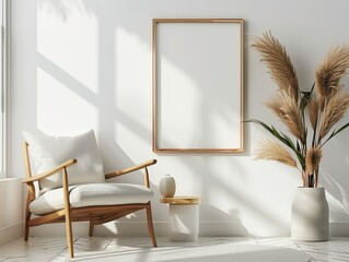 Modern Minimalistic Room with Empty Picture Frame on White Wall and Simple Furniture