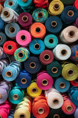 Fototapeta premium A tightly packed collection of spools of thread in various colors, filling the entire frame. The threads come in shades of red, blue, green, yellow, and pink, creating a vibrant and crafty background.