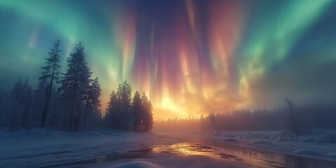 Aurora Borealis Over Snowy Forest. Captivating aurora borealis illuminates the night sky over a snowy forest with reflections on a frozen river, creating a magical scene.