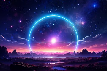 Neon circle glowing vibrant against the stark backdrop of outer space, stars dotting the infinite dark canvas beyond, light rays intersecting, creating subtle halos, digital rendering