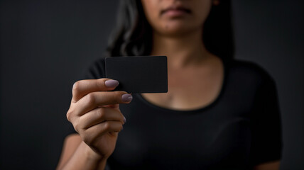 A brown mixed race female with medium length hair is, holding a black card up in the air, shallow depth of field. Isolated, black background. Selective focus- black top