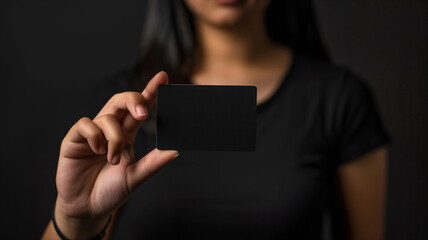 Naklejka premium A brown female holding a black business or credit card up in the air,with long hair and a black shirt, shallow depth of field. Isolated, black background. Selective focus.
