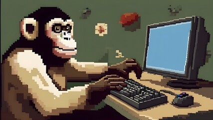 A pixel art monkey using a virtual paintbrush to create a pixelated self-portrait on a computer screen in a retro video game style