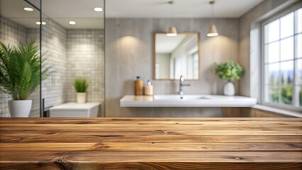 Fototapeta premium Bathroom interior, blank wooden table top free, blurred bathroom concept for space for your decor. 