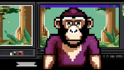 A pixel art monkey using a virtual paintbrush to create a pixelated self-portrait on a computer screen in a retro video game style