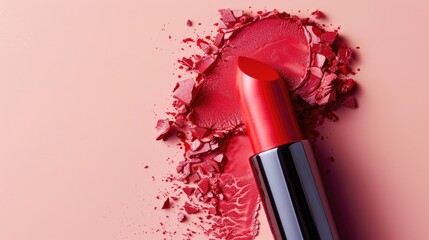 Captivate with color: Red lipstick stick against a blush pink backdrop, adding a dash of glamour to your makeup routine