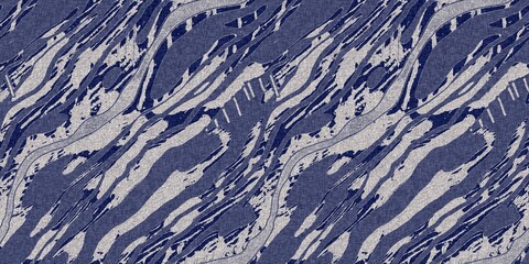 Denim blue dye effect seamless woven linen background, Distressed ink blotch mottled repeat pattern design for fashion border banner ribbon.