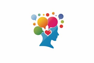 Colorful balloons and brainshaped speech bubbles surrounding a woman's head in concept of creative thinking and innovation