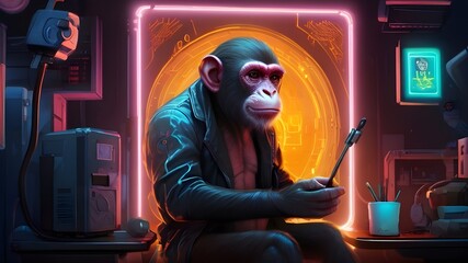 A neon-lit illustration of a monkey painting a futuristic self-portrait with glowing elements in a cyberpunk style