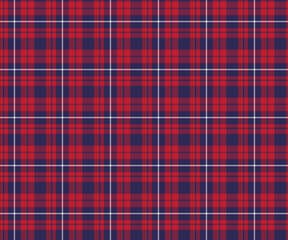 Plaid pattern, red, blue, white, seamless for textiles, and for designing clothing, skirts, pants or decorative fabric. Vector illustration.