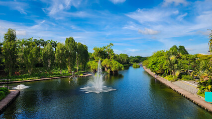 Fresh water from Dragonfly Lake in Gardens by the Bay, Singapore. Green view and a blue sky background.