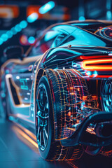 A sleek car with part of it in digital form, showcasing internal components
