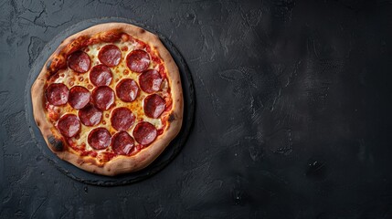 Italian pepperoni pizza on a dark stone surface Idea of a pizza topped with pepperoni and salami Overhead perspective with room for text