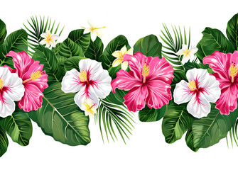 Obraz premium pink and white tropical flower garland on the bottom of an isolated white background