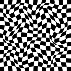Wavy checker pattern with optical illusion, trippy checkerboard vector background. Back white squares chessboard in swirl or spiral twist distortion for psychedelic and hypnotic visual effect pattern