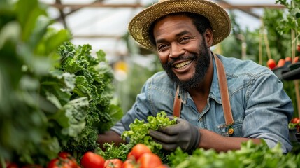 Cultivating Joy: Farmer Celebrating Sustainable Agriculture in Greenhouse with Fresh Vegetables