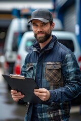 Fototapeta premium Efficient Delivery Man Ensuring Stock Management with Clipboard and Logistics Car
