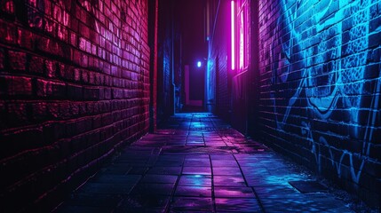 Narrow alley with neon lights at night, urban cityscape. Modern city nightlife concept