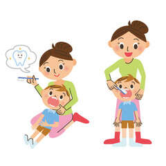 歯の磨き残しを確認している母