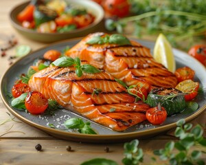 Grilled salmon fillets with cherry tomatoes, fresh herbs, and lemon slices on a plate, garnished with sesame seeds and served on a rustic wooden table
