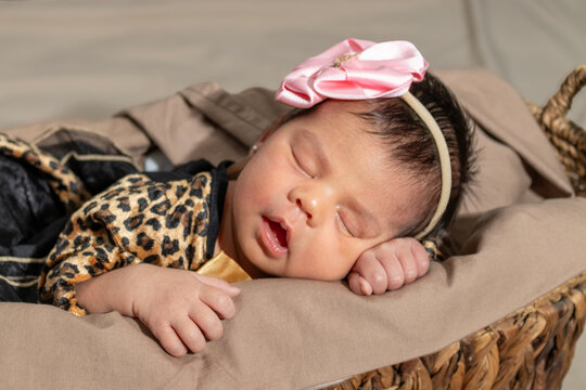 Ni&ntilde;a Bebe reci&eacute;n nacida durmiendo en cesta