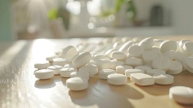 Medication Mess: White Tablets Unsystematically Placed on a Table, Highlighting the Notion of Unorganized Medicine