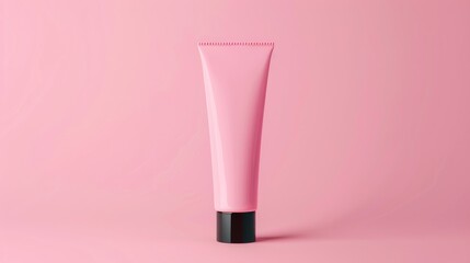 Elevate your brand: Pink minimalist cosmetic tube with black cap on pink background, a perfect packaging mockup for your design