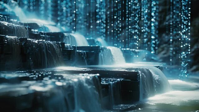 A waterfall cascading down levels of encryption ensuring that data remains secure as it flows through the network.