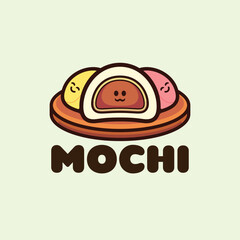 Three mochi with smiley faces and different color cartoon characters and cute mascot illustration logo template vector design