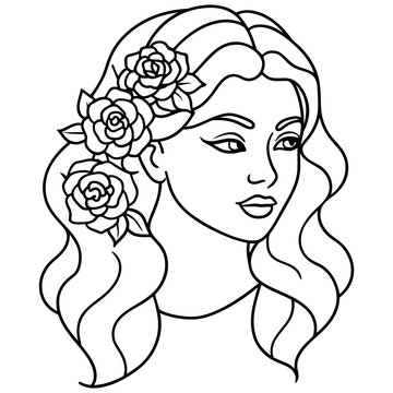 recommend clip art: Illustrate a serene line art portrait of a woman with cascading roses in her hair