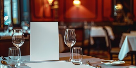 Blank White Menu on Elegant Restaurant Table in Paris with Crystal Glasses, White Linen, and Sophisticated Red Wall Ambiance Reflecting Opulence and Luxury