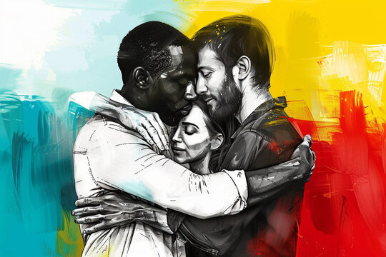 White woman and man and black man hugging colorful background friendship gay lgbtq diversity equality pride polyamory drawing illustration
