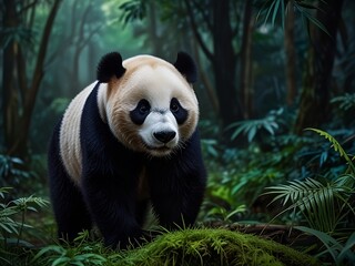 Fototapeta premium A giant panda in dark and mysterious forest.